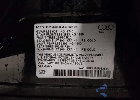 2022 Audi Q4 E-Tron Premium Plus 50 Quattro из США, поврежденный, VIN WA1H2BFZ1NP033824